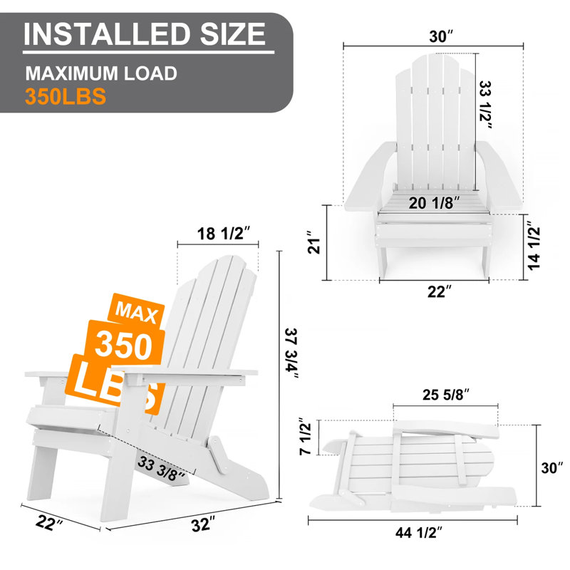 Chaise Adirondack pliante en plastique pour l'extérieur (ensemble de deux), Blanc