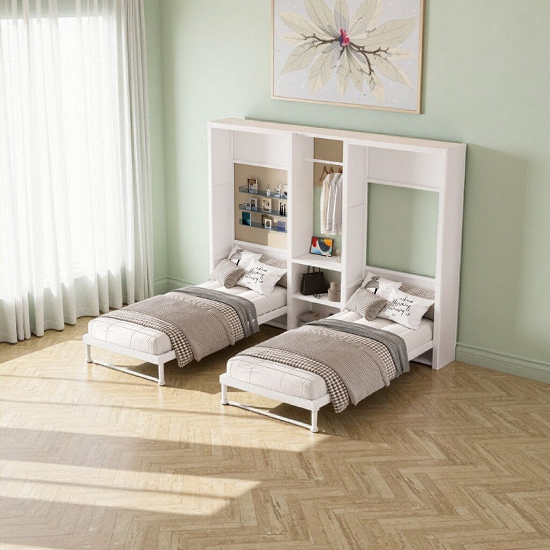 Lit escamotable simple et simple en métal avec garde-robe, tablettes de rangement et prises de courant intégrées, conception 2 en 1 compacte, L 112,5 po x l 82,8 po x H 82 po