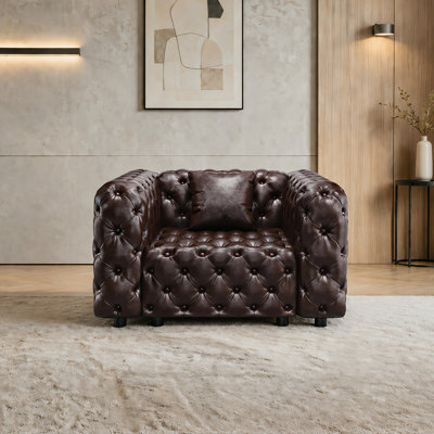 48.4" Modern Faux Leather Upholstered Sofa, 1-Seater Couch with Pure Handmade Button Tufted Design and Pillows, Dark Brown