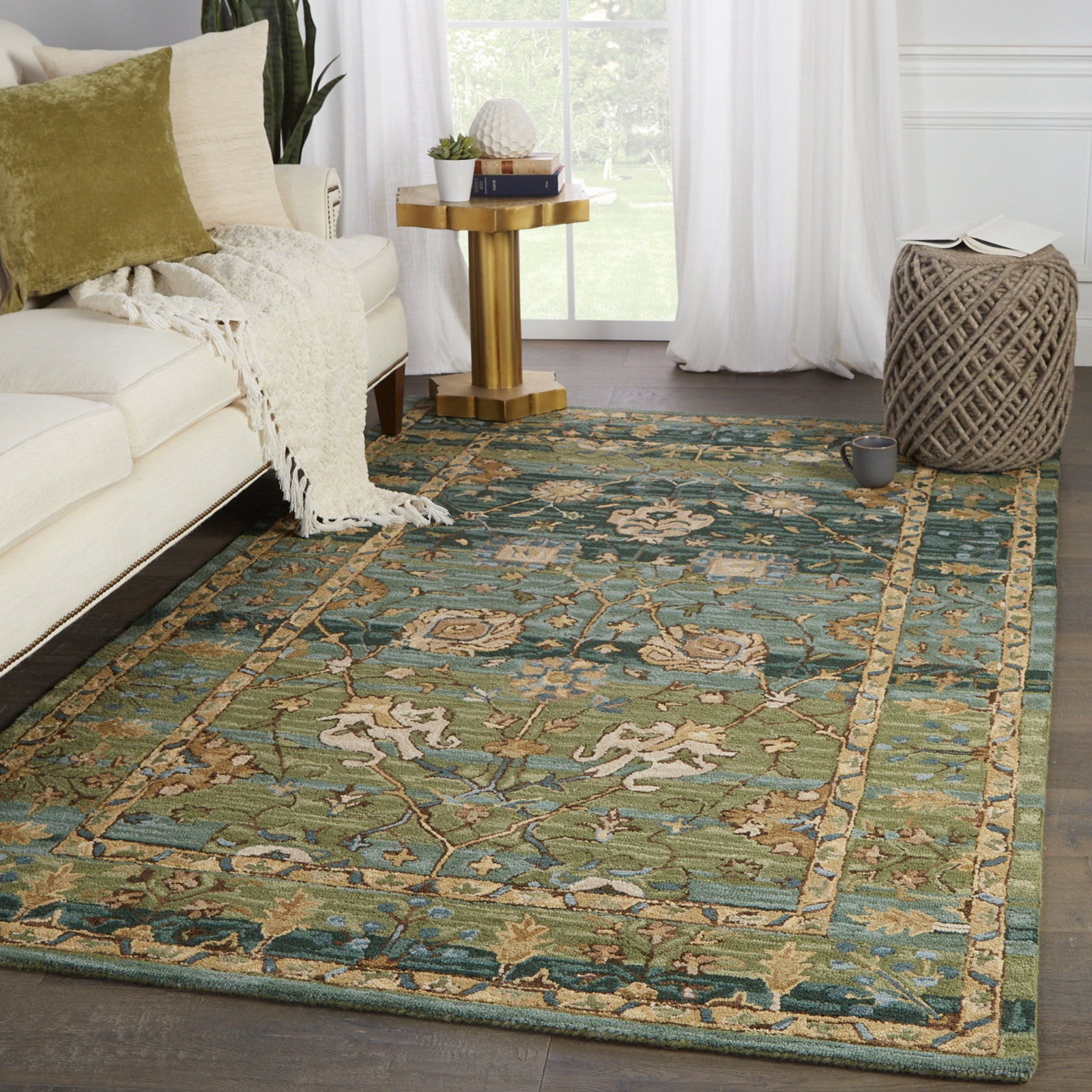 Corla Green Tan Blue Hand-Tufted Wool Floral Rug, Rectangle 5' x 8'