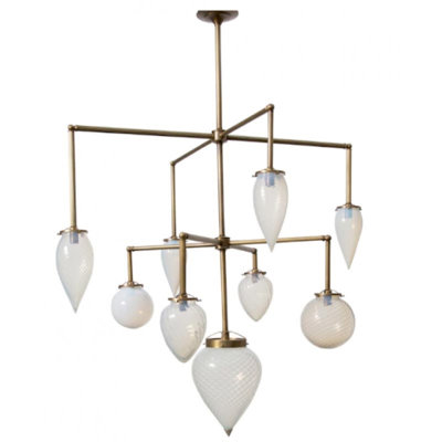 Lustre suspendu en verre opalescent rétro avec lumière sphérique deshazier