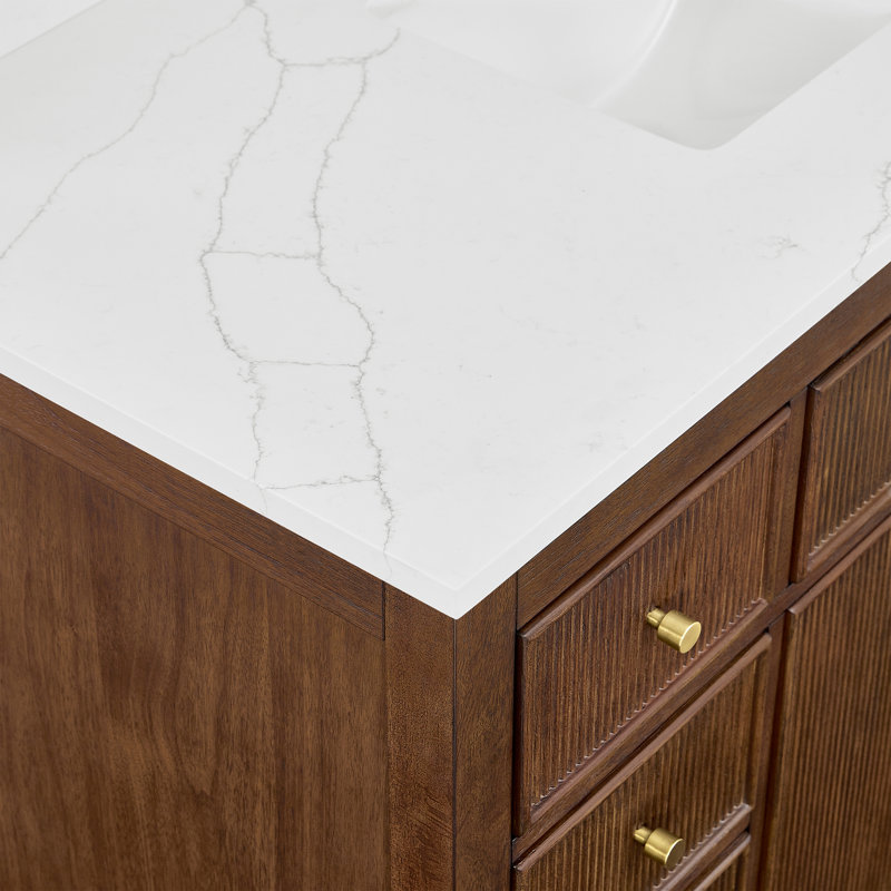 Pendry 36" Freestanding Single Bathroom Vanity with Quartz Top, Brushed Nickel, Giotto Quartz, Tanned Oak