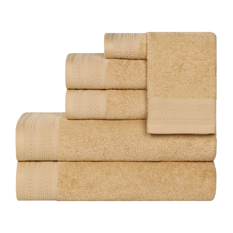 Honeycomb Textured Waffle Border Cotton Medium Weight 6 Piece Towel Set, Gold
