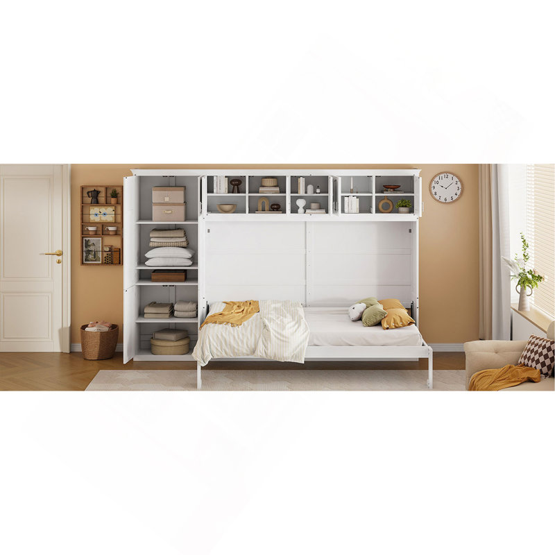 Grand lit escamotable mural avec armoires, Bois massif / bois manufacturé, Blanc