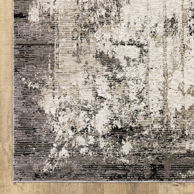 Gwern Abstract Grey/Blue/Ivory Area Rug, Rectangle 3'3" x 5'