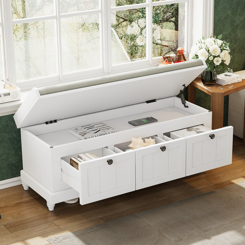 Classic Storage Bench With Cushioned Seat And Three Drawers For Entryway And Living Room, White