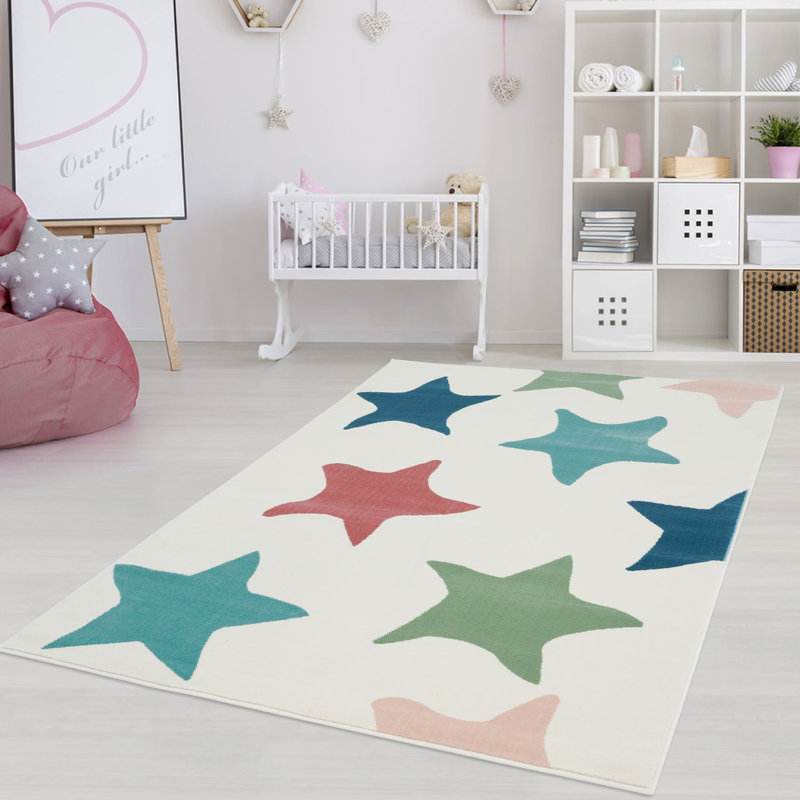 Tapis à motif géométrique crème et bleu tissé à plat Jannie, Rectangle 5 pi 3 po x 7 pi 6 po