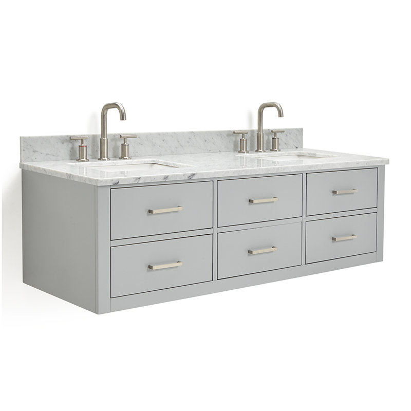 Beltania 61'' Double Bathroom Vanity with Carrara Marble Top, Grey, Brushed Nickel