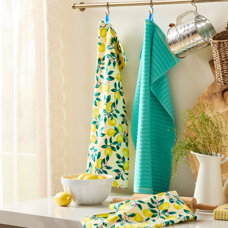 DRAPER JAMES Lemon Blossom Kitchen Towel 3-Pack Set, Absorbent 100% Cotton, Yellow/Green, 17"x28"
