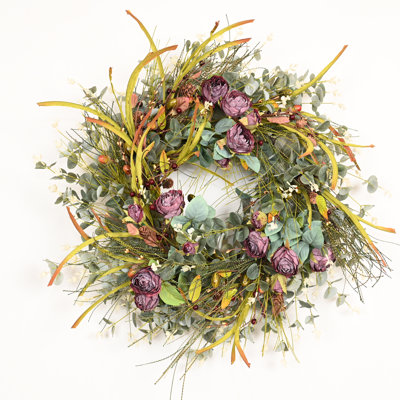 26" Artificial Farmhouse Eucalyptus Acorn Pinecone Berry Blossom Cluster Wildflower Roses Fall Winter Front Door Wreath