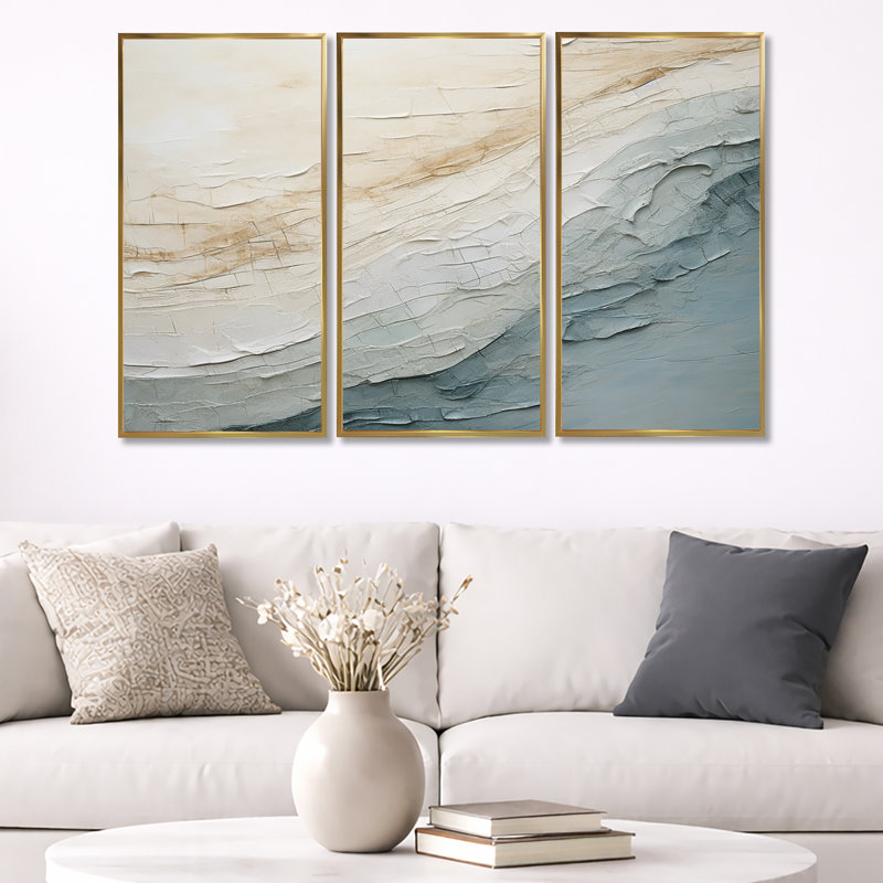 Minimalisme, vague bleue et grise, horizon I - ensemble de décorations minimalistes côtières, Cadre flottant doré