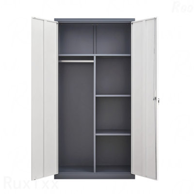 Gray Metal Large-Capacity Wardrobe With Hanging Rod And Compartments Secure Lockable Closet With Locks & Keys Steel Construction Waterproof & Fireproof Suitable For Bedroom Living Room And Laundry Room