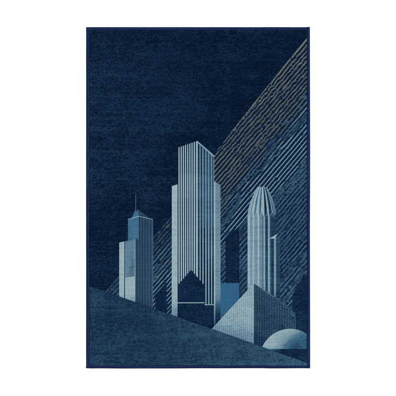Tapis bleu et moderne délavé à la machine Orsolya Lagos Skyline, 7 x 10