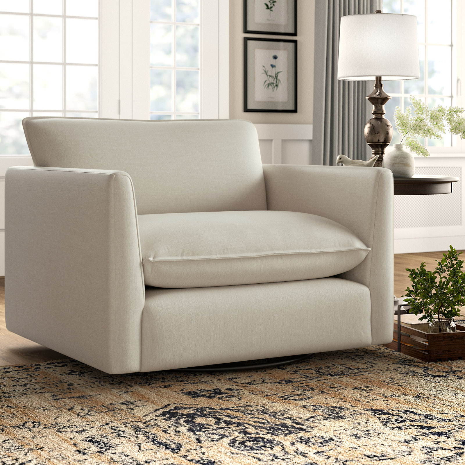 Roselare 45" W Oversized Swivel Armchair, Effie Linen Performance Linen