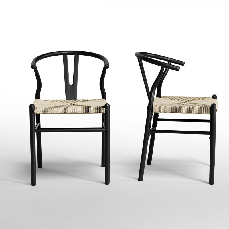 Wishbone Chair Solid Wood Y-Back Dining Chairs, Black/Beige