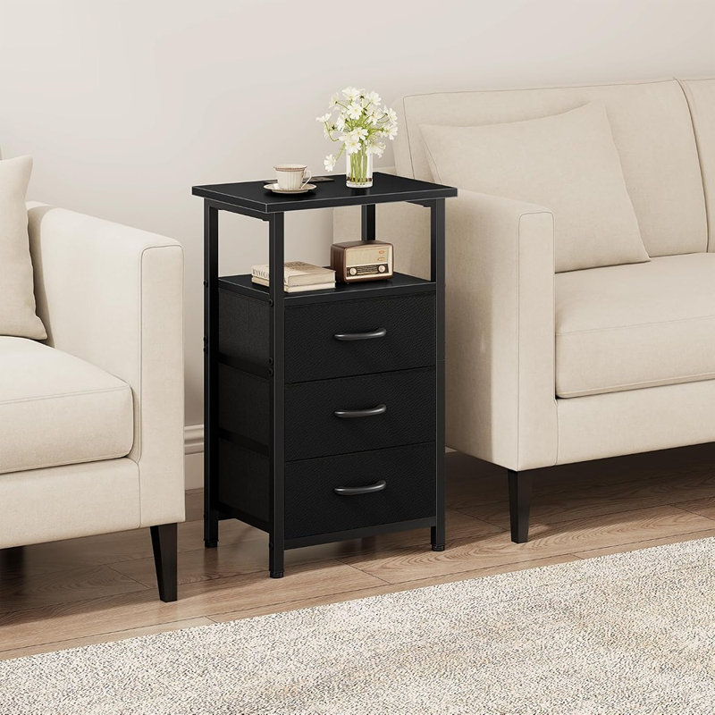 Ensemble de 2 tables de chevet avec station de charge, ports USB et de type C, 3 tiroirs en tissu et 2 tablettes ouvertes, tables de chevet noires