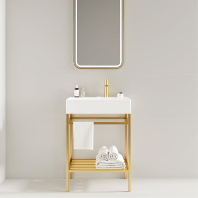 Ensemble de meuble-lavabo sur pied avec lavabo en céramique 24 po avec lavabo console LOFI, lavabo rectangulaire en céramique blanc brillant sans robinet, pattes en métal ouvertes, tablettes de rangement, couleur or