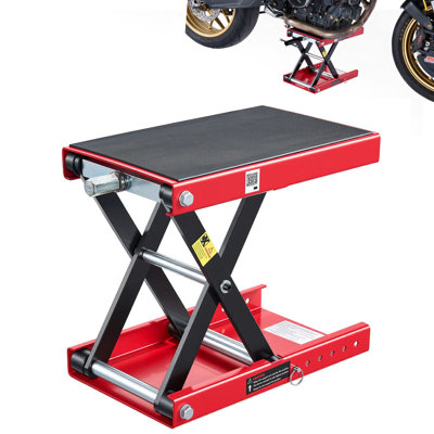 Élévateur à motocyclette, cric à ciseaux de 1 100 lb avec plate-forme large et goupille de verrouillage, support à manivelle à palan central de 3,74 po à 13,38 po, cric à ciseaux en acier pour vélos de route, motos de croisières, touring, rouge / noir