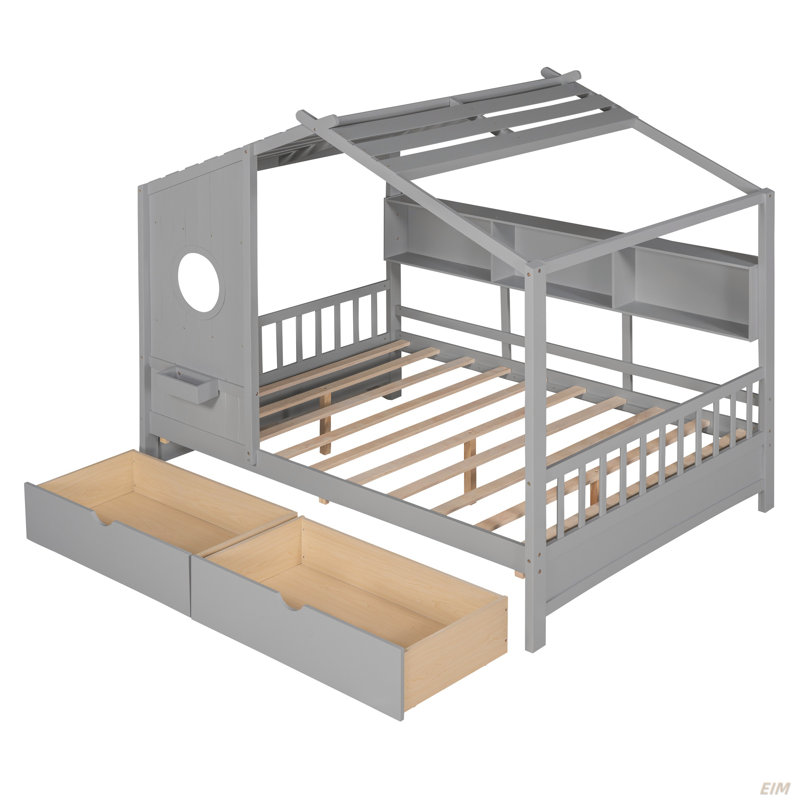 Lit double en bois avec 2 tiroirs, lit pour enfant avec tablette de rangement (lit)