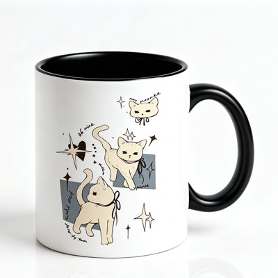 Cute Hand-Drawn Kitten Mug with Bow Tie Ceramic Coffee & Tea Cup Suitable for Cat Lovers.