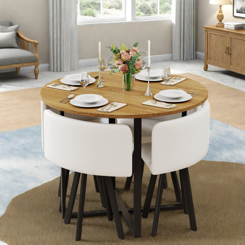 Ensemble de table de salle à manger moderne 5 pièces, panneaux de fibres à densité moyenne à grain de bois et chaises en polyuréthane blanc, peu encombrant pour la cuisine
