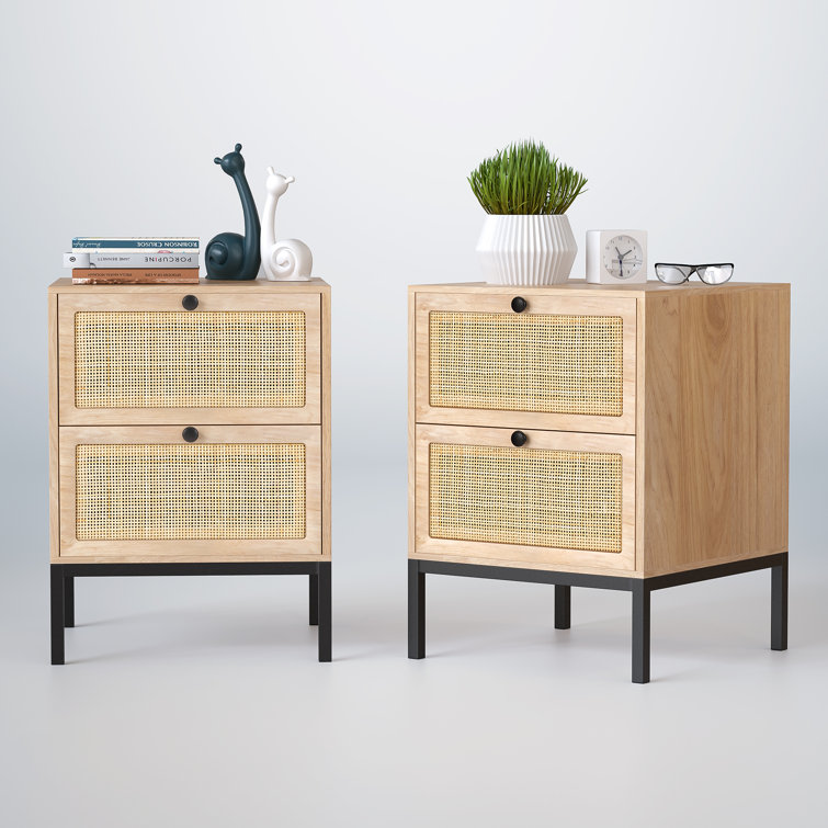 Brown Boho Natural Rattan 2-Drawer Nightstand (Set of 2)