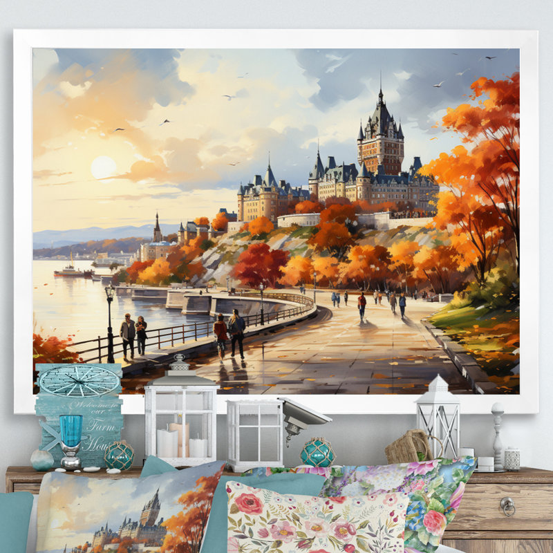«Québec City Touristic City II», reproduction d'art sur toile Québec, Cadre simple blanc, H 34 po x l 44 po x P 1,5 po