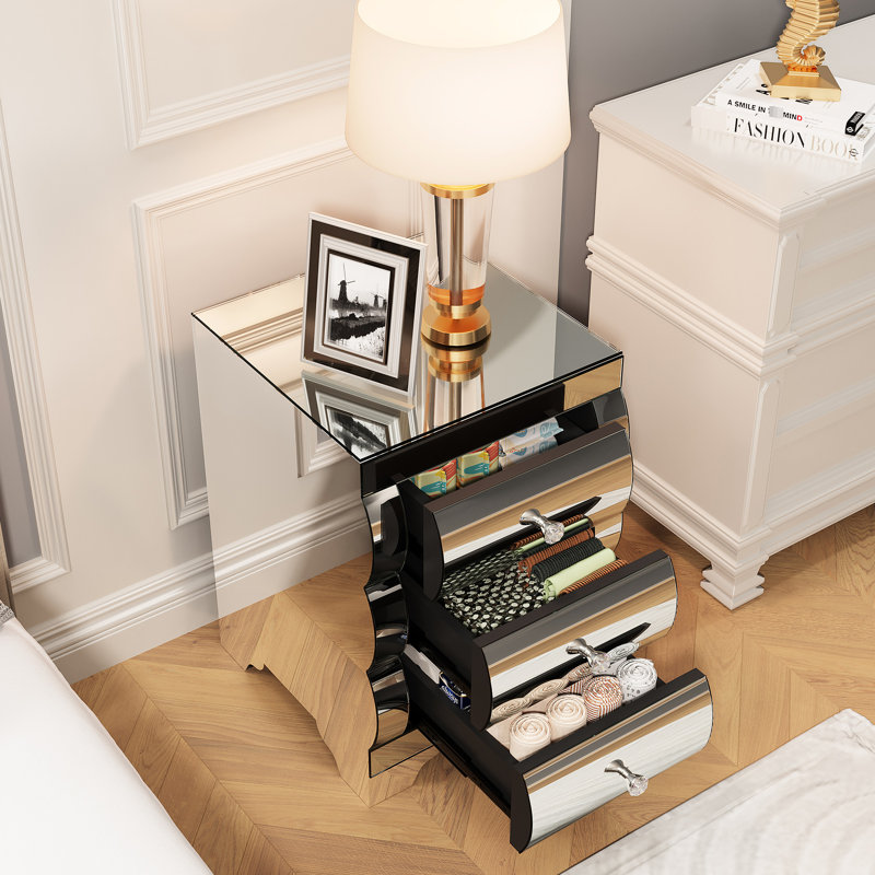 Table de chevet miroir argentée, 3 tiroirs cuits au four, solution pour petits espaces de chambre à coucher, matériaux, utilisation stable, multi-scénario, table de chevet incurvée facile à assembler, design moderne, mobilier, verre et,