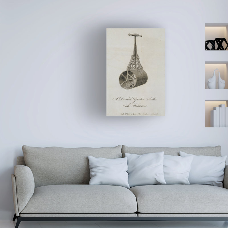 Art sur toile, "Miles Garden Roller" avec baril divisé et balances, 1773, H 32 po x l 22 po