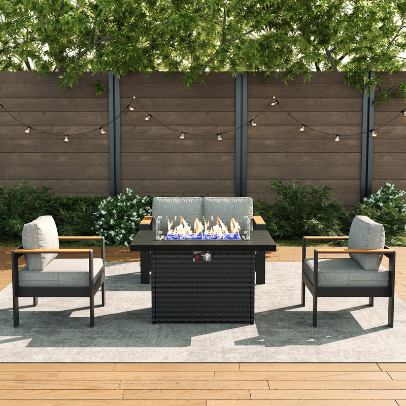 Outdoor Aluminum Furniture Set with Fire Pit Table, Modern Patio Conversation Sets for Porch, Backyard, Light Grey