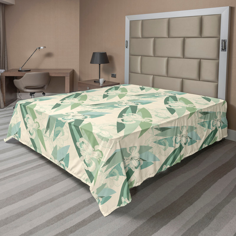 Drap plat à motif floral bohème Ambesonne, Drap plat de taille double, Vert laurier et écume de mer pâle / motif abstra