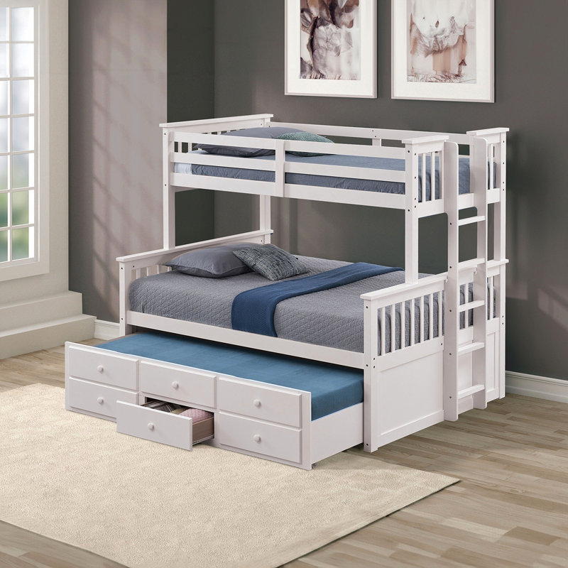 Transitional Twin Over Full Bunk Bed In White Tint, Side Access And 3 Underbed Drawers, Solid Engineered Wood Construction, Insert & Lock Joints, Trundle For Bedroom Living Arrangement With White,