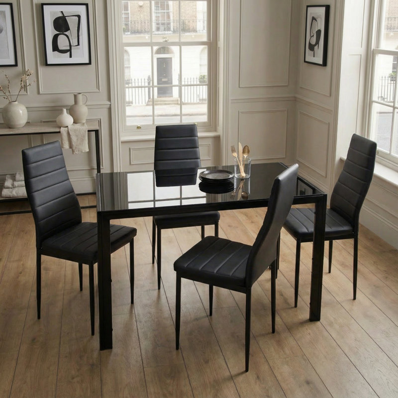 Gorge 4 seater Glass Dining Set, Black