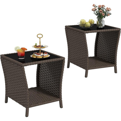Set Of 2 Wicker Outdoor Side Tables – Tempered Glass Top Patio End Tables With Storage Shelf, Durable PE Rattan & Iron Frame For Balcony, Porch, And Indoor/Outdoor Use