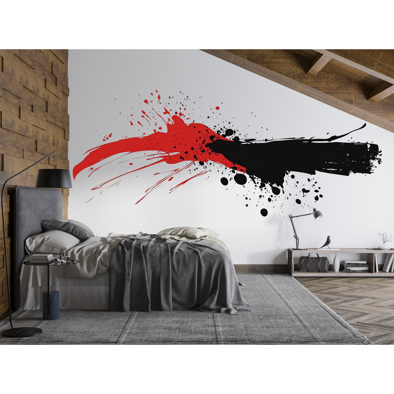 Autocollant mural avec effet peinture rouge et noire, graffiti abstrait, art mural moderne effet coups de pinceau, décoration industrielle de style loft pour chambre (433 g)