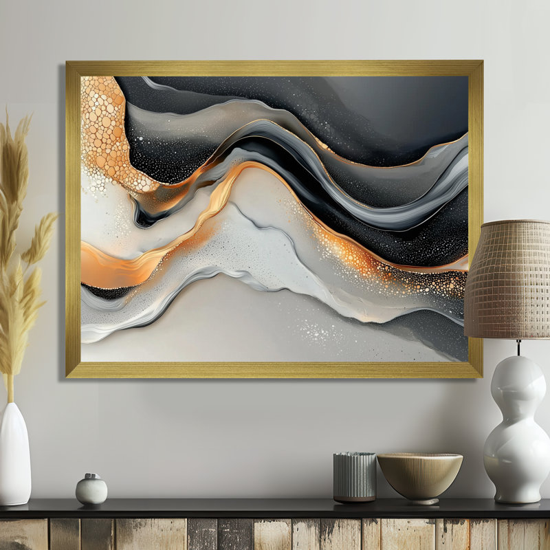 Impression sur toile transitionnelle abstraite moderne fractale dorée et grise IV, 34" H x 44" W, Picture Framed Print, Doré