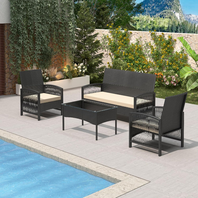 4pc Rattan Furniture Set Garden Patio Seating with coffee table