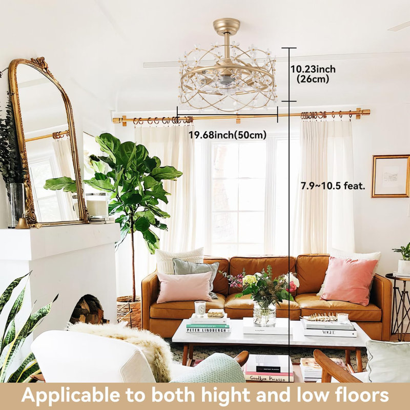 20 Inch Gold Caged Ceiling Fan With Flower Chandelier, Lights & Remote Control For Living Room, Bedroom