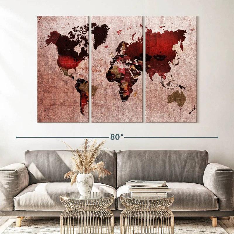 Carte du monde sur toile Ruby, ensemble de 3 pièces, H 42 po x l 65 po x P 1,25 po