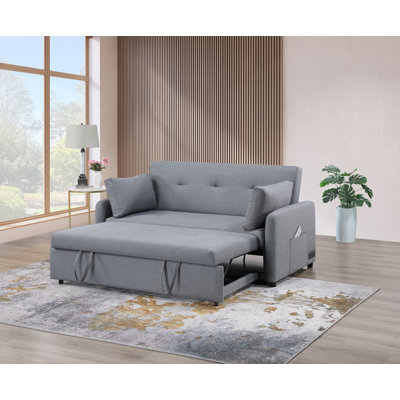 Zavis 69"W Gray Linen Convertible Sleeper Sofa With USB Ports, Power Sockets, Pockets, Pillows, Tufting
