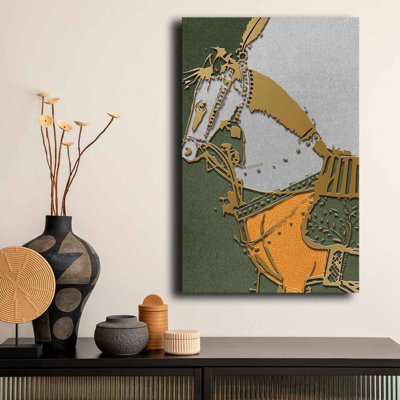 Modern Textured Gold Horse Silhouette Canvas Wall Art, Green And Gray