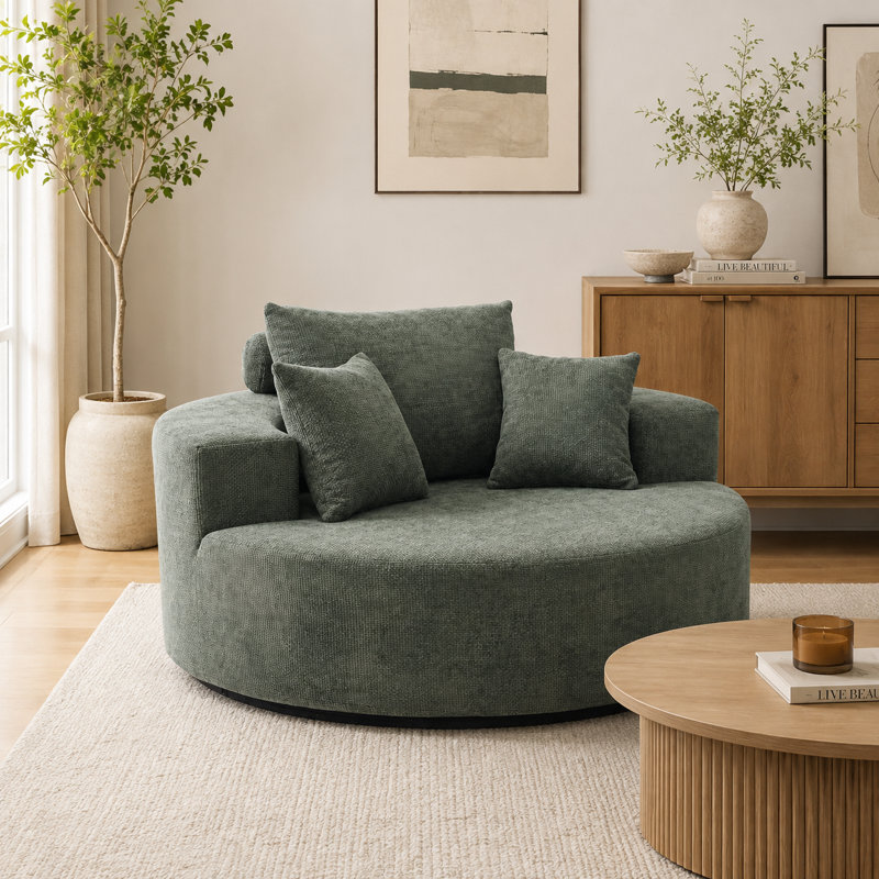 Fauteuil rond en chenille de 140 cm avec 3 coussins, style nuage, vert