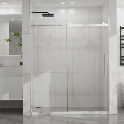Porte de douche sans cadre, porte coulissante silencieuse en verre l 60 po x H 72 po, verre trempé transparent épais de 1/4 po (6 mm) avec revêtement facile à nettoyer, acier inoxydable 304 robuste, chrome