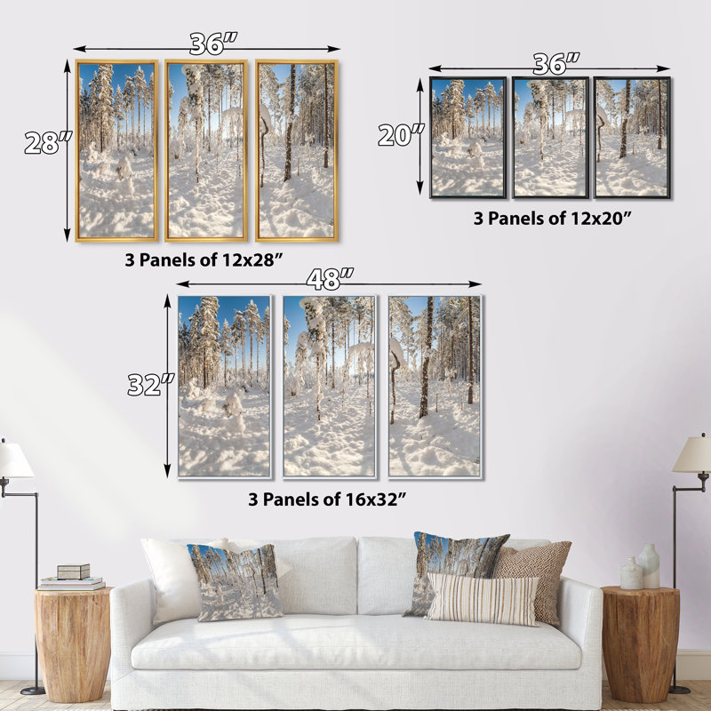 Hiver neige recouverte de bois - ensemble de 3 reproductions sur toile, Cadre noir, H 28 po x l 36 po x P 1 po
