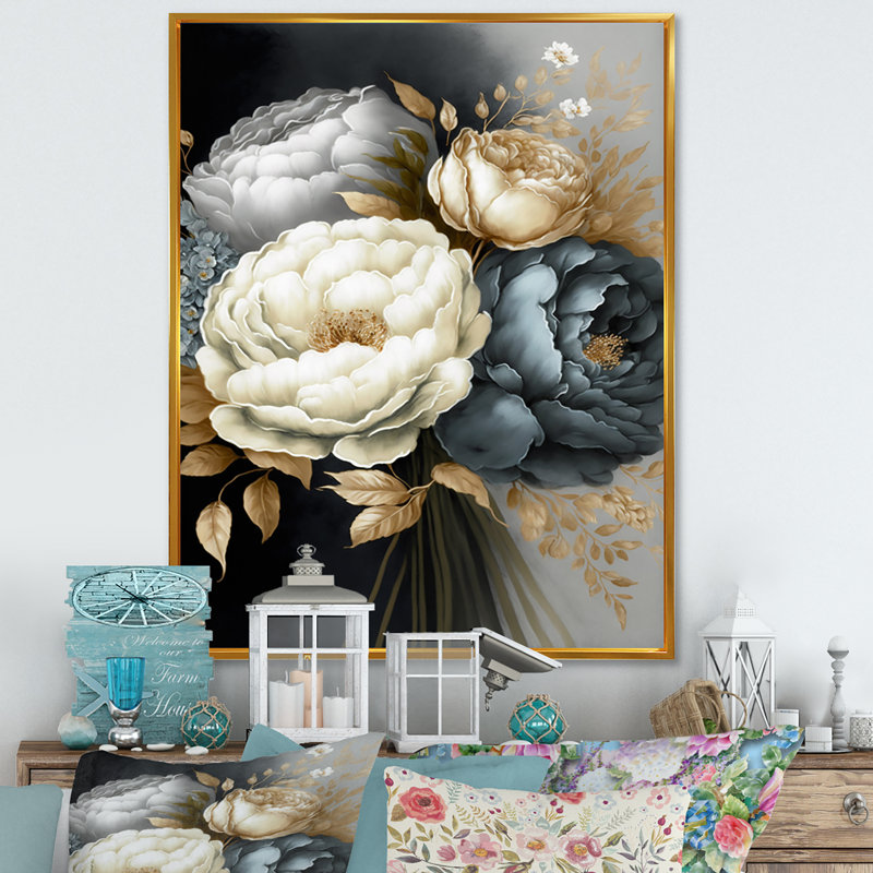 Bouquet de pivoines blanches, bleues et grises III - Impression sur toile, H 44 po x l 34 po x P 1,5 po, Cadre flottant doré