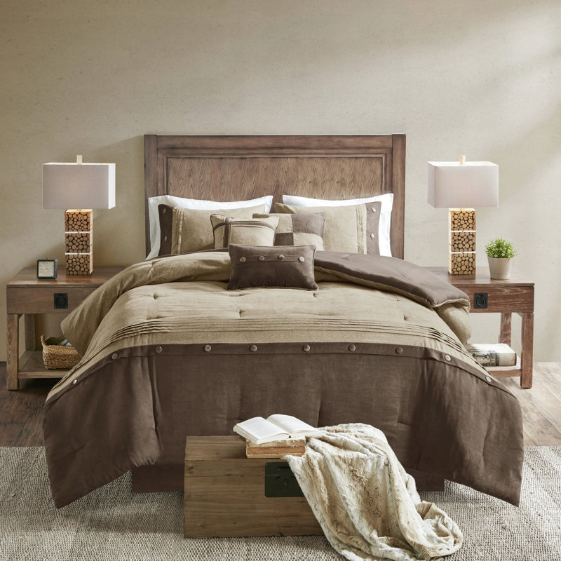 Édredon 7 pièces en faux suède - très grand, brun, style chalet chic, rembourrage, 3 édredons et coussins décoratifs, thème lavable à la machine, rembourrage, 2 carrés
