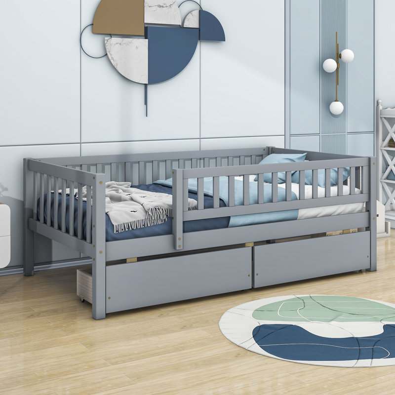 Rowanne Wooden Daybed Wood Bed with Two Drawers and Fence, Gray, Twin