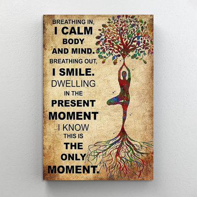 «Yoga Breathing in I Calm Body and Mind», art textuel sur toile tendue