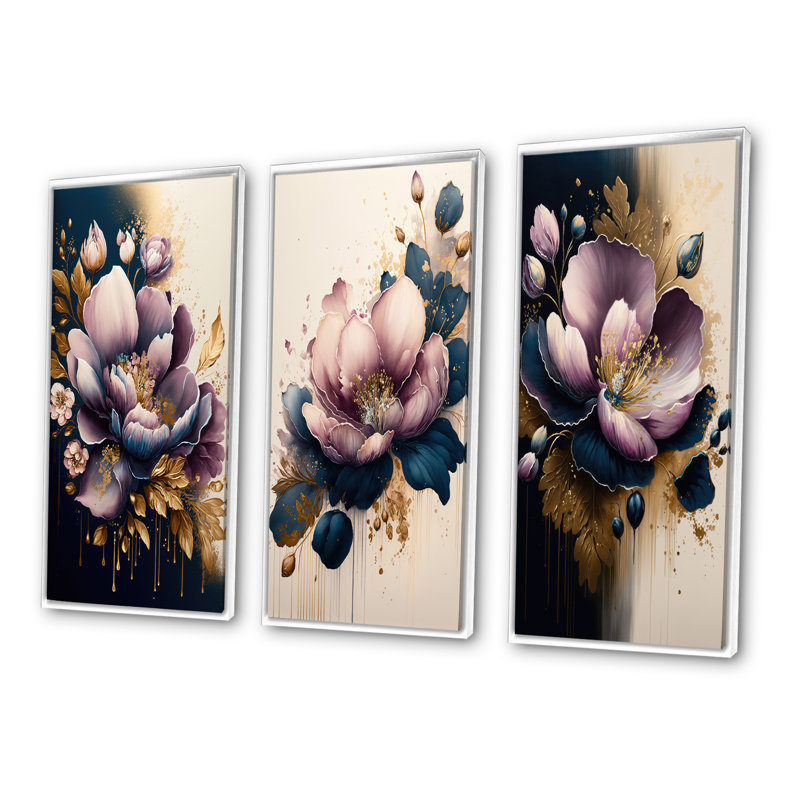 «Deep Pink and Blue Crocus Flower», 3 pièces sur toile, Blanc, H 32 po x l 48 po