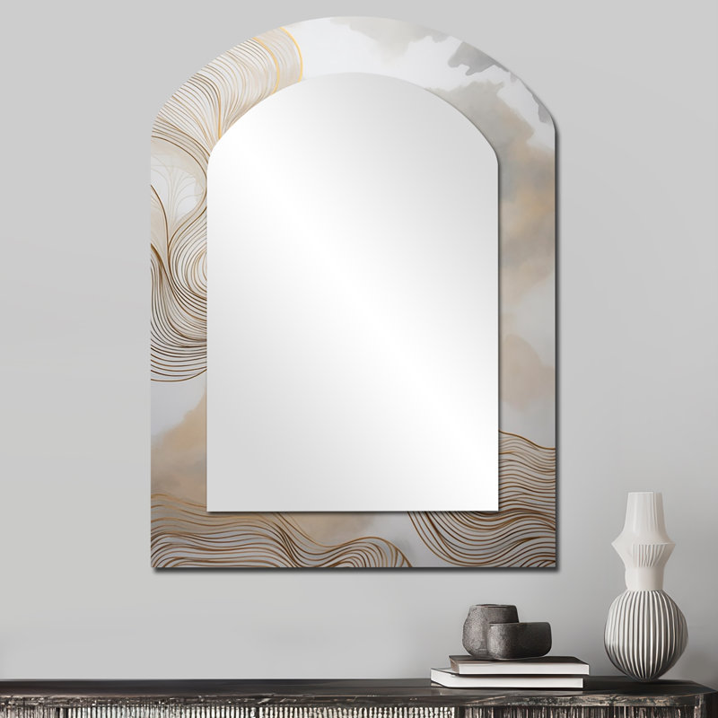 Gold And Grey Linear Expressions V - Line Art Asymmetrical Unique Wall Mirror, Modern Arch Mirror, Printed Metal Art